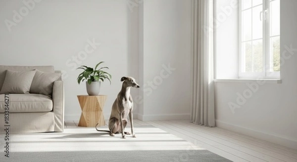 Obraz Sleek greyhound dog standing or running, showing slim body, elegant form, and smooth short coat.