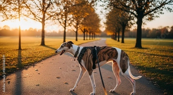 Obraz Sleek greyhound dog standing or running, showing slim body, elegant form, and smooth short coat.