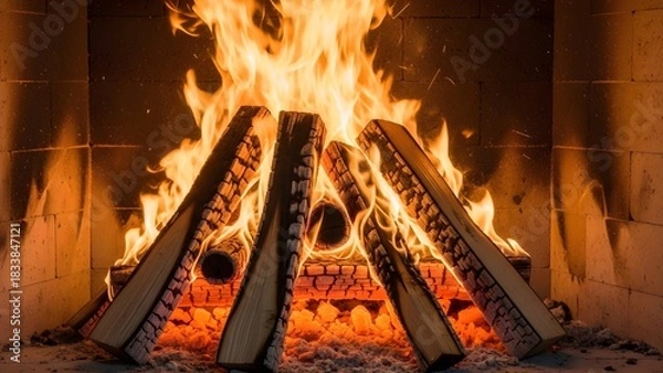 Fototapeta Cozy Wood-Burning Fireplace in a Rustic Cabin