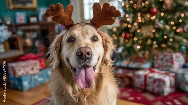 Fototapeta Golden retriever wearing festive reindeer antlers, smiling with tongue out, sitting in a home with a decorated christmas tree and wrapped presents, celebrating holiday cheer
