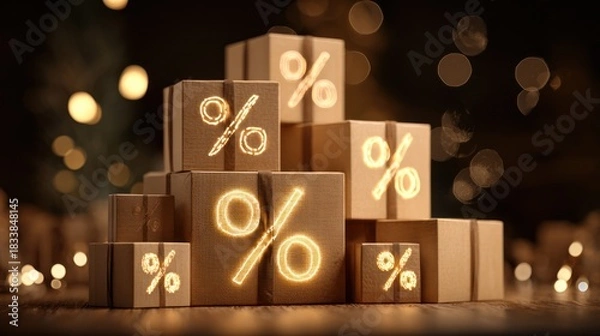 Fototapeta A pyramid of gift boxes with glowing percentage signs indicates a sale event.