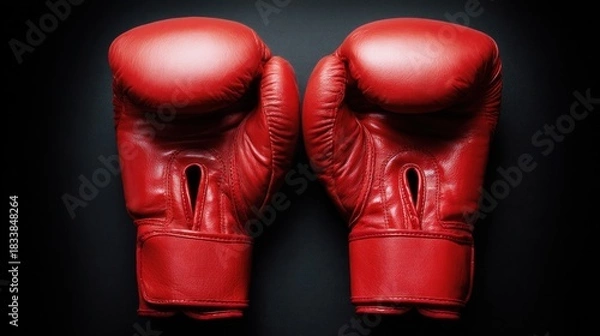 Fototapeta A pair of red boxing gloves are presented against a dark background.