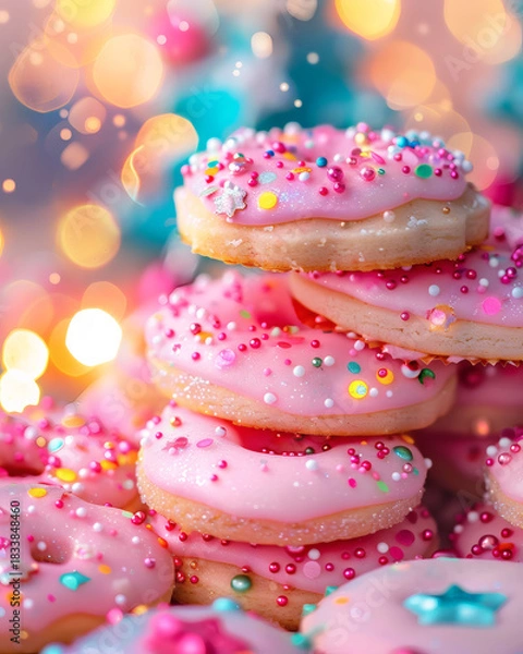 Fototapeta Pink and Sparkling Christmas Doughnut Stack: Luxury Holiday Dessert with Fantasy Bokeh Light Background