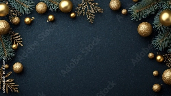 Fototapeta Golden Christmas ornaments and fir branches create a festive border on a dark background.