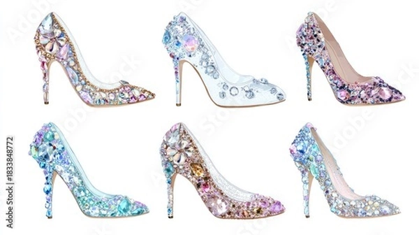 Fototapeta Six pairs of dazzling high-heeled shoes adorned with shimmering crystals and gemstones.