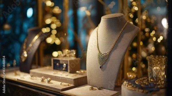 Fototapeta A sparkling jewelry display is set up in a shop window with festive holiday lights in the background.