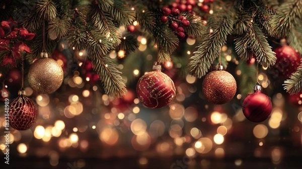 Fototapeta Close-up of festive Christmas tree ornaments and lights on a branch.