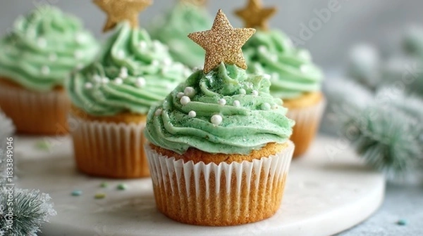 Fototapeta Delicious Christmas tree cupcakes decorated with green frosting and star toppers are ready to be enjoyed.