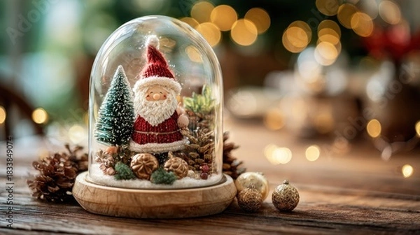 Fototapeta A festive snow globe featuring Santa Claus and a Christmas tree sits on a wooden table, evoking holiday cheer.