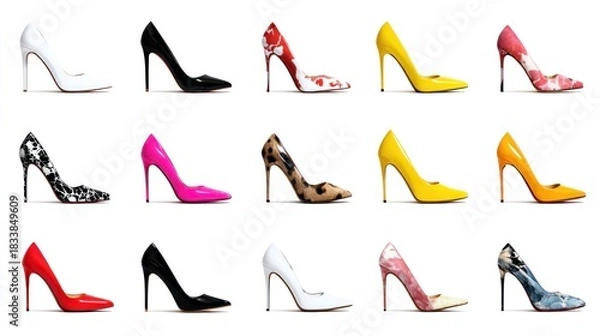 Fototapeta A collection of stylish high-heeled shoes in various colors and patterns.
