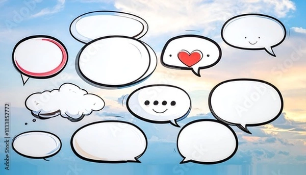 Fototapeta Various empty speech bubbles with diverse shapes floating against a vibrant sky backdrop