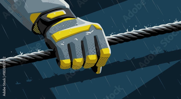 Obraz A focused worker in a hard hat and reflective jacket operates heavy machinery from a control panel, working through a rainy night at an industrial location.