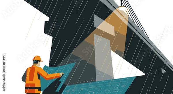 Obraz A focused worker in a hard hat and reflective jacket operates heavy machinery from a control panel, working through a rainy night at an industrial location.