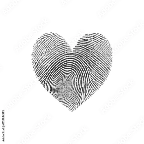 Fototapeta Halftone heart shape created from fingerprint texture, symbolizing identity, love, security and biometric design on a white background.
