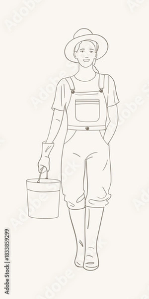 Fototapeta Line art of a female gardener in overalls, hat, gloves and boots holding a bucket. Clean minimal outline style on a light background.