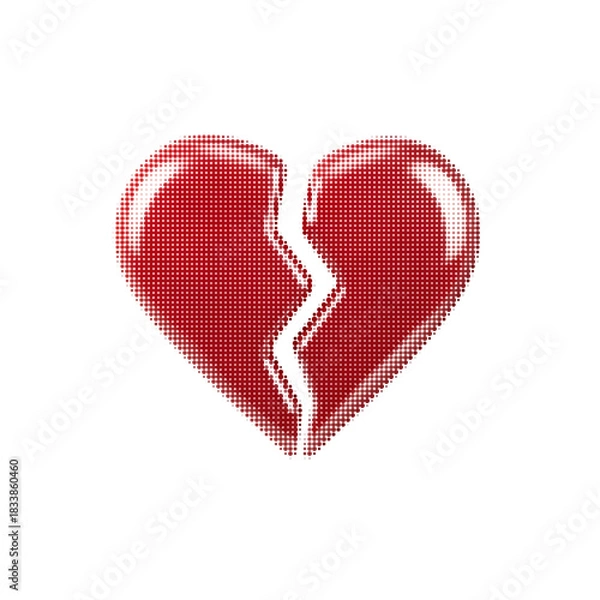 Fototapeta Glossy broken heart symbol made of dotted halftone texture in red color on white background.