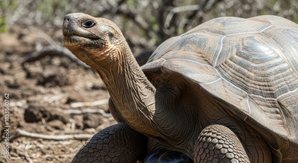 Obraz Massive Galápagos tortoise walking slowly with textured shell and ancient, calm appearance.