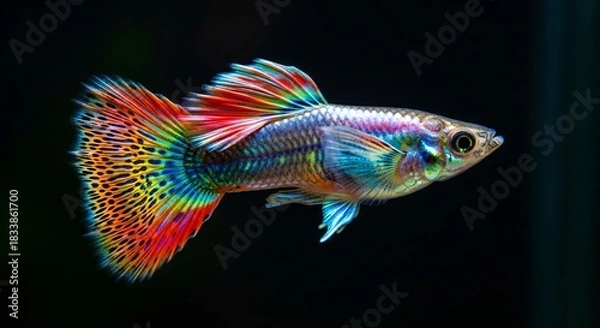 Obraz Colorful guppy swimming with flowing fins and vibrant tail patterns in clear water.