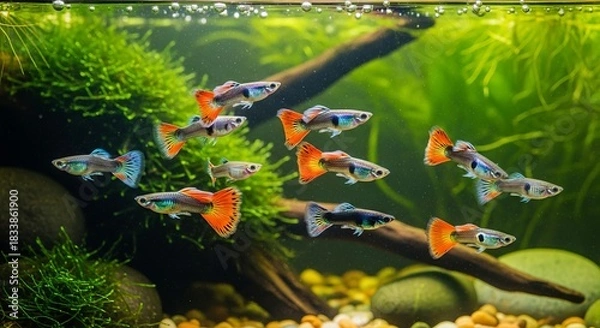 Obraz Colorful guppy swimming with flowing fins and vibrant tail patterns in clear water.