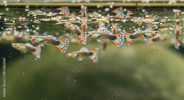 Obraz Colorful guppy swimming with flowing fins and vibrant tail patterns in clear water.
