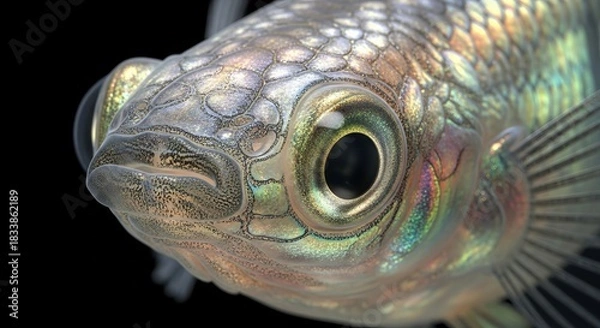 Obraz Colorful guppy swimming with flowing fins and vibrant tail patterns in clear water.