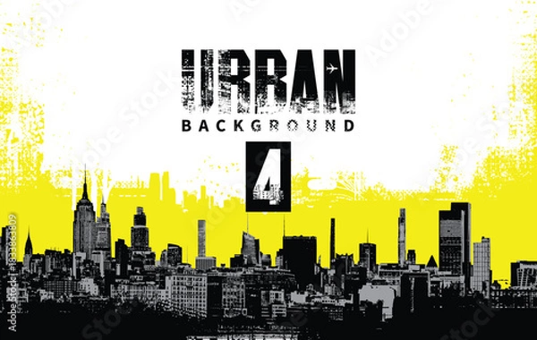 Obraz Abstract vector banner on theme urbanism and street art on the background of geometric architecture, silhouettes of skyscrapers of the big city in grunge style. T-shirt design. No ai 