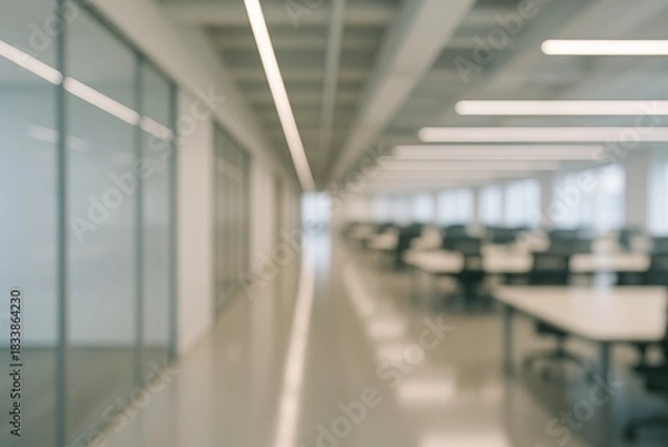 Fototapeta Blurred view of modern open-plan office interior with desks and chairs under ceiling lights, creating a minimalistic workspace background concept. Ai generative