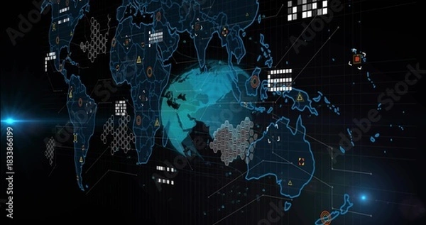 Obraz Displaying cyan globe floating over digital dashboard, showing blue map, hex nodes, data panels