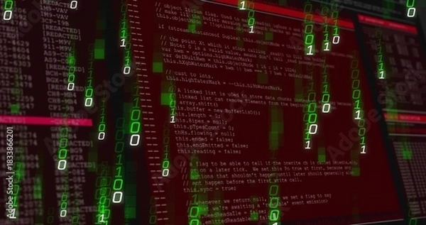 Obraz Streaming green binary rain flowing over red code windows in virtual lab, showing monospaced code