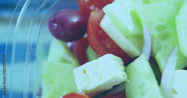 Fototapeta Showing salad at deli with clear plastic clamshell rim cucumber cherry tomatoes grape feta onion