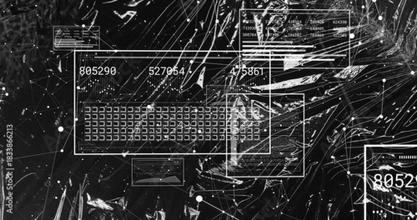 Obraz Displaying central white-outlined data panel centering on black backdrop, with grid, numbers, nodes