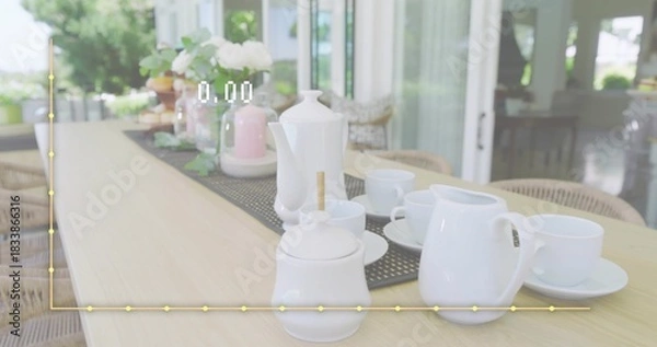 Obraz Displaying white ceramic tea set resting on porch table, with runner and yellow graph overlay
