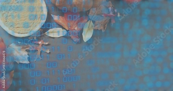 Obraz Displaying frothy ceramic bowl resting left on dark table with spoon dry leaves blue binary overlay