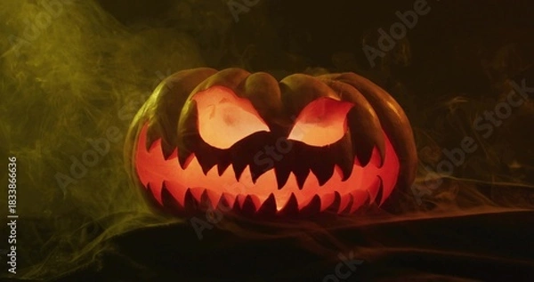 Obraz Glowing carved jack-o'-lantern showing jagged mouth and arched eyes on tabletop, with greenish fog