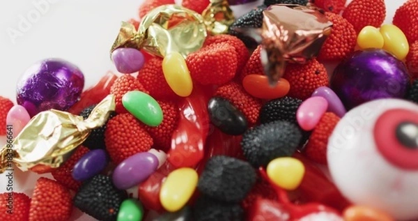 Fototapeta Displaying candy pile on white tabletop, showing eyeball candy, red gummies and foil chocolates