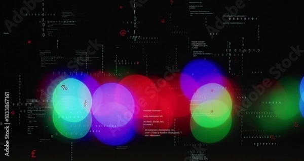 Obraz Glowing cluster overlapping colored bokeh orbs on black backdrop, with binary digits and red icons