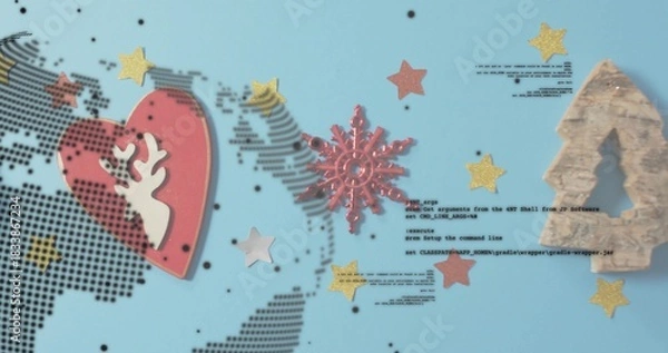 Obraz Showing red-heart, red-snowflake and wooden-tree on pale blue backdrop with map dots, code, stars