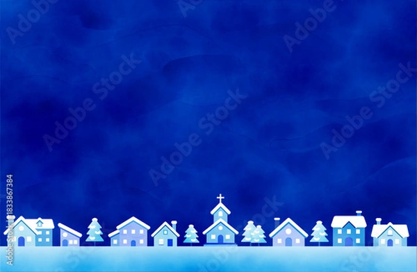 Obraz 青い冬の夜空と雪の町並みのイラスト