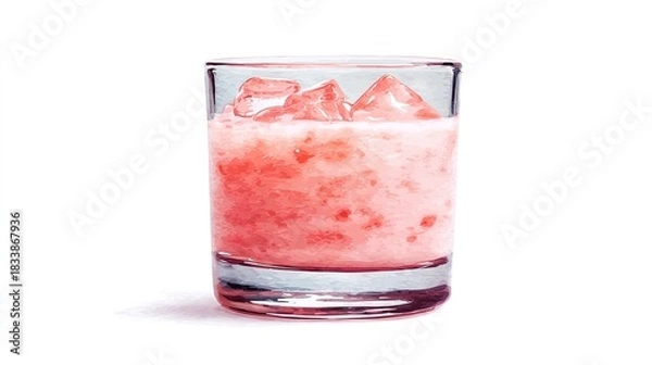 Fototapeta A glass of refreshing pink drink with crushed ice and ice cubes on a white background captured in an artistic style