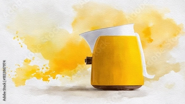 Fototapeta Vibrant yellow electric kettle illustrated in a watercolor art style It features white details and a brown base set against an