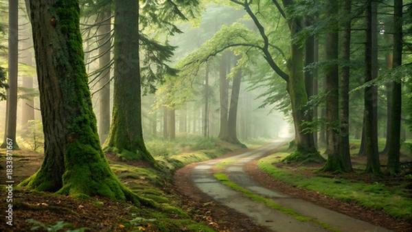 Fototapeta Misty forest path winding through tall green trees