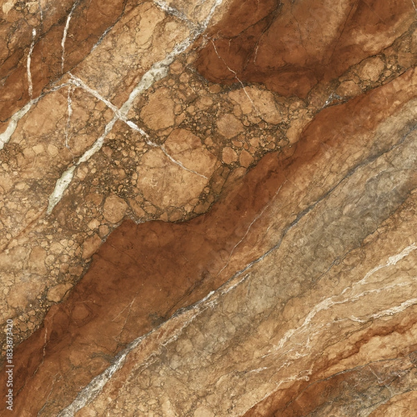 Fototapeta Natural Reddish Brown and Copper Marble Texture Background with Complex Brecciated Patterns and White Veins, Polished Stone Surface for Luxury Interior Design, Flooring, and Architectural Wall Claddin