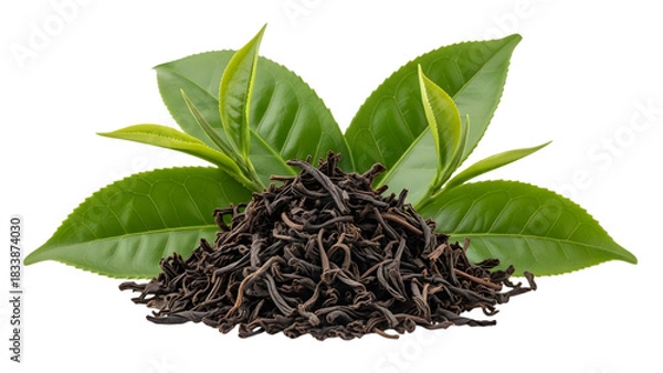 Fototapeta Pile of black tea with green leaves isolated on transparent background