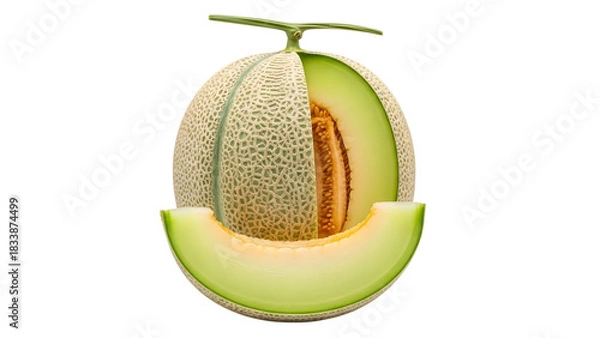 Fototapeta Sliced cantaloupe melon with stem isolated on transparent background