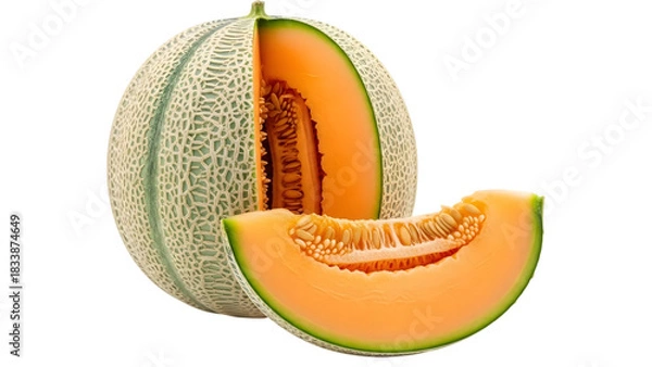 Fototapeta Cantaloupe melon slice and whole isolated on transparent background