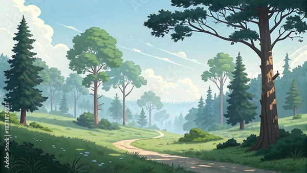 Fototapeta Lush green forest path winding through trees