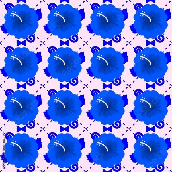 Fototapeta Blue hibiscus flowers seamless pattern on soft pink background for cute textile, wallpaper, and decorative design