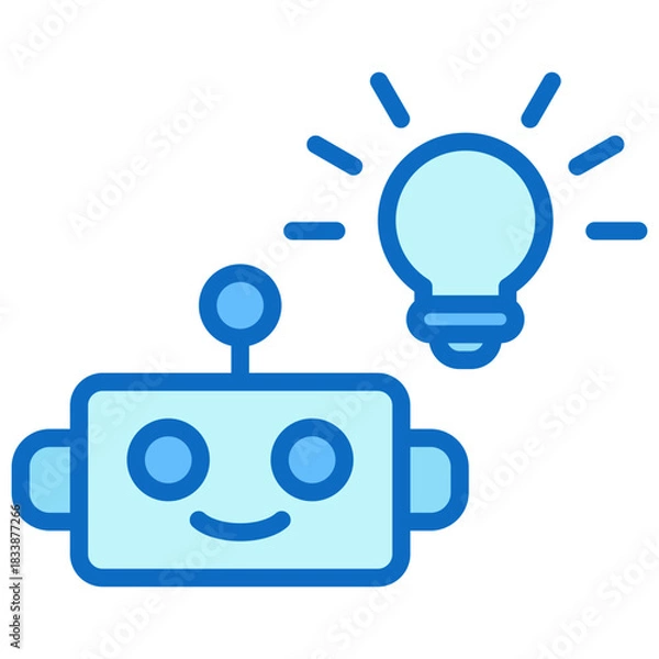 Fototapeta AI Idea Blue Fill Outline Icon Design Vector - friendly robot with a glowing light bulb representing AI innovation, creativity, and smart solutions
