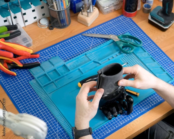 Obraz Setting up and adjusting a neurally connected hand prosthesis by a prosthetic technician