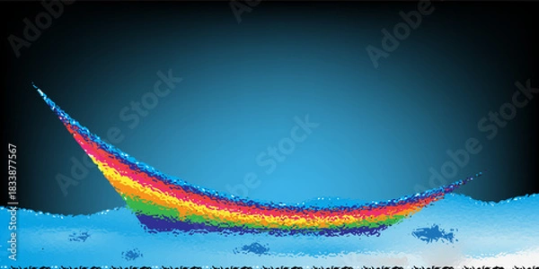 Fototapeta Vector illustration of a storm at sea. Cartoon scene of a beautiful landscape with a boat with a white and orange sail among big sea waves, rocks on the horizon.